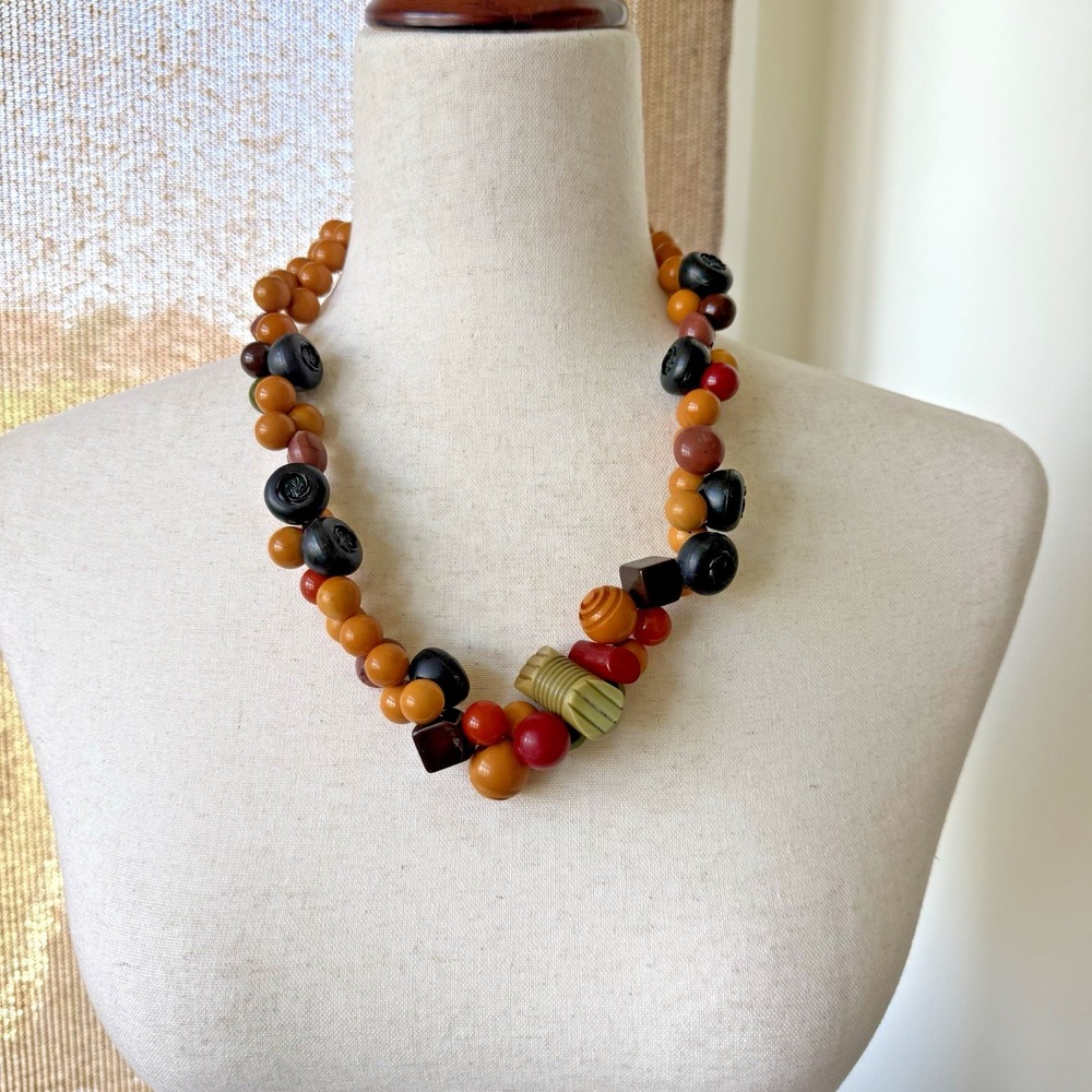 Vintage Handmade Tested Bakelite Bead Necklace 23" Folk Art Mixed Media